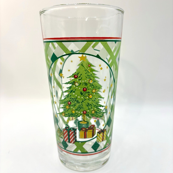 Vtg KIG Indonesia Glass Tumblers Christmas Tree Gifts & Lattice Design Set Of 4 - Picture 4 of 8